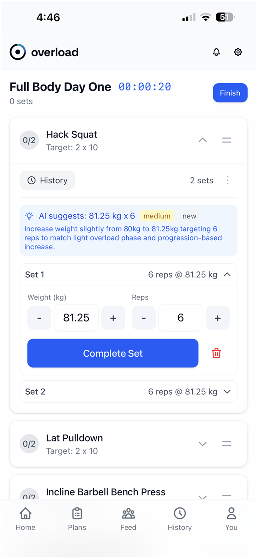 Overload.ai workout tracking screen